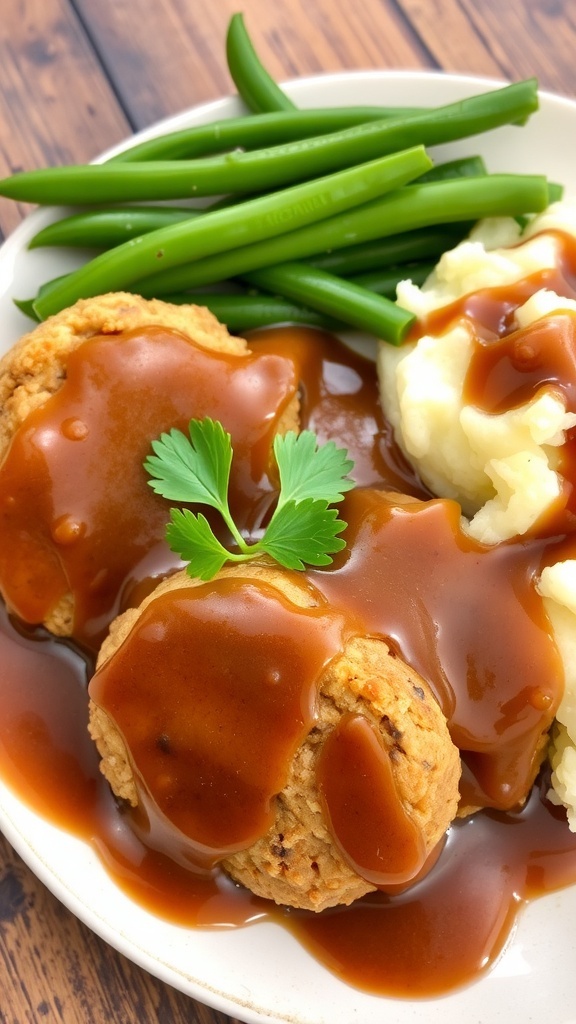 Savory Beef Patties with Rich Gravy Recipe Beef patties with gravy served on a plate with mashed potatoes and green beans.